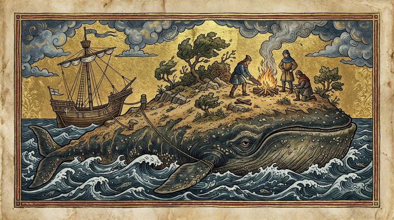 Ilustración de estilo bestiario medieval del aspidochelone: marineros encienden una hoguera sobre el lomo de una ballena gigante que parece una isla