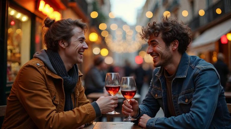Dos jóvenes brindando en una terraza de una calle española al anochecer durante una primera cita