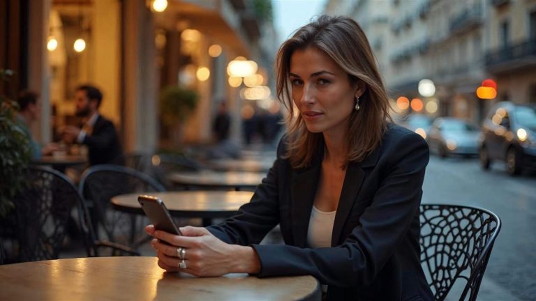 Mujer en una terraza al atardecer consultando su móvil