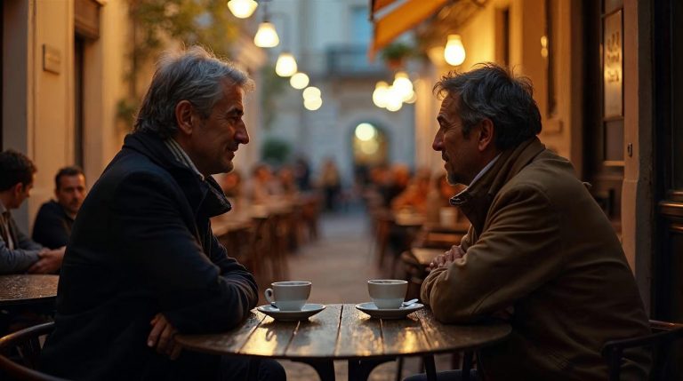 Dos adultos conversan con un café en una terraza tranquila al anochecer