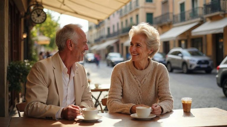 Hombre y mujer de unos cincuenta años charlando en la terraza de una cafetería