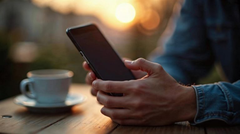 Manos de un adulto con un móvil de pantalla oscura junto a un café al atardecer
