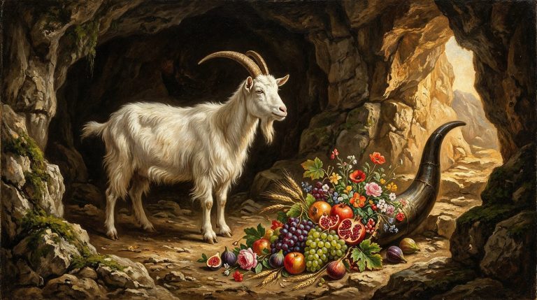 Cabra Amaltea en una cueva de Creta junto a un cuerno rebosante de frutas y flores
