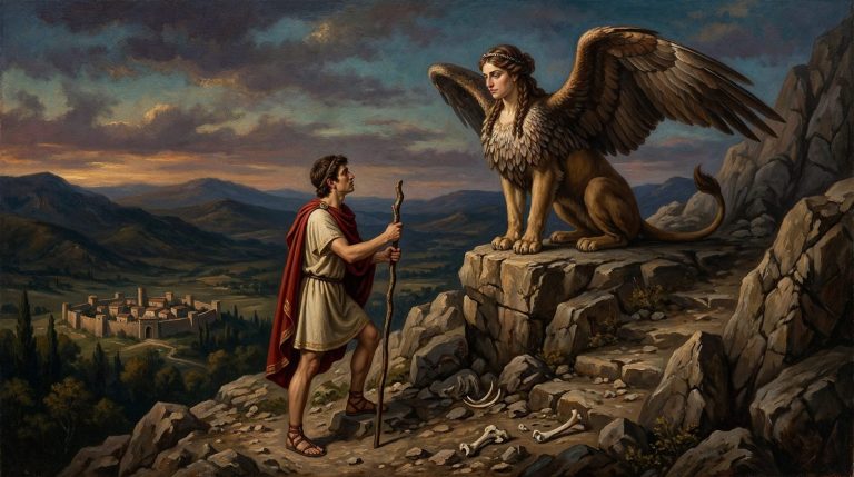 Edipo con bastón ante la Esfinge alada de Tebas sobre una roca, pintura al óleo