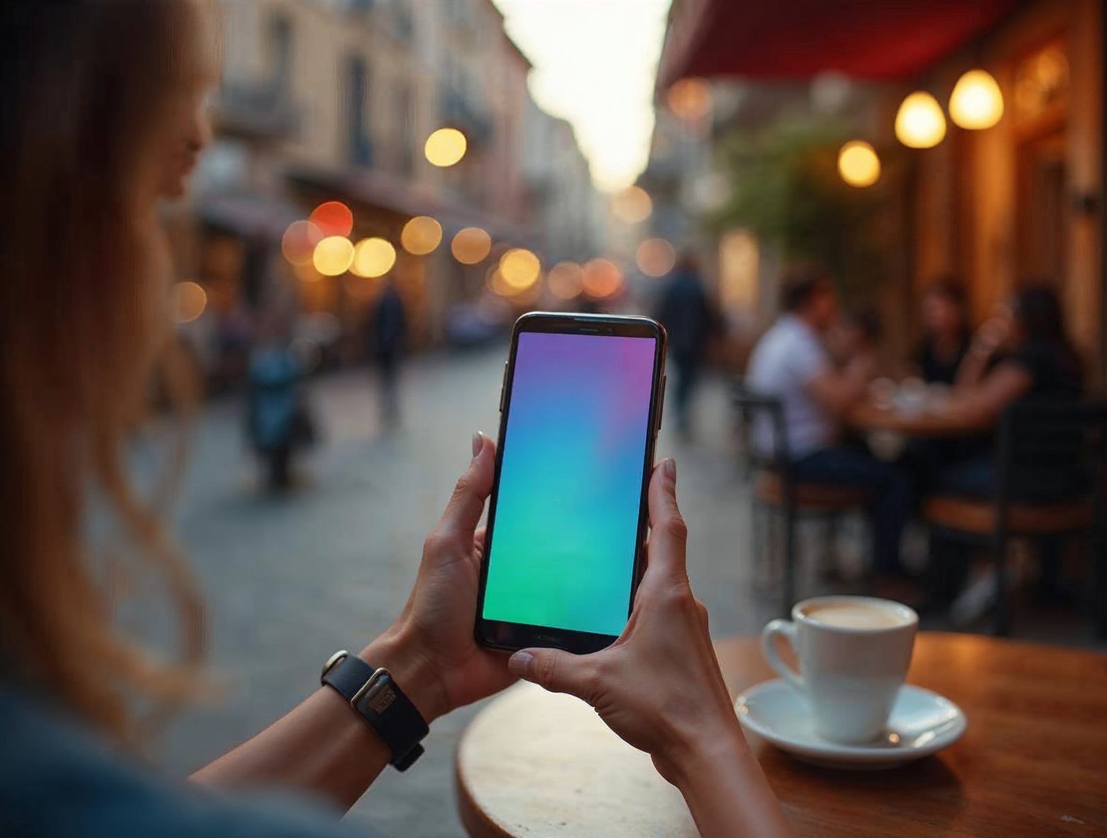 Manos de una mujer sosteniendo un móvil en una terraza al atardecer
