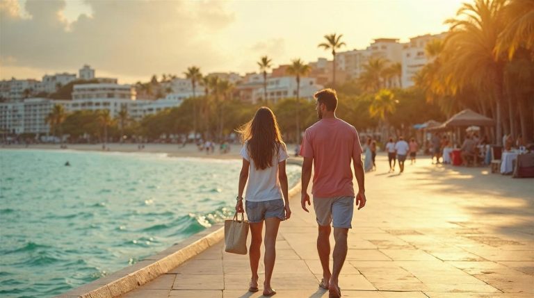 Pareja paseando por un malecón junto al mar al atardecer