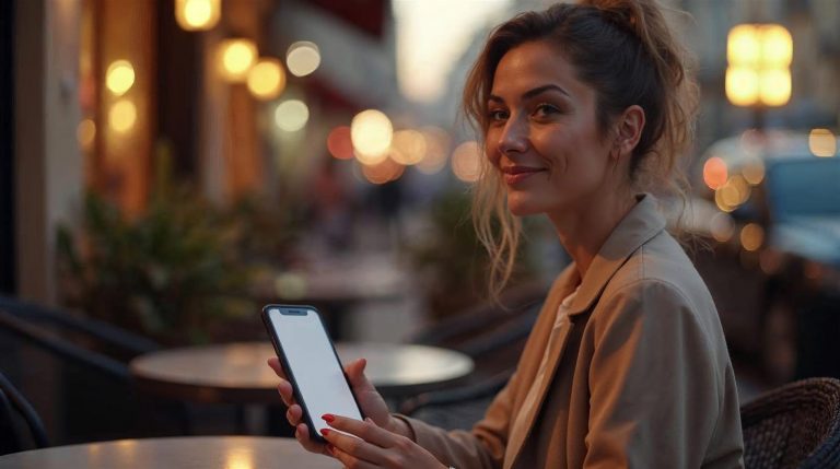 Mujer adulta consultando el móvil en una terraza al atardecer