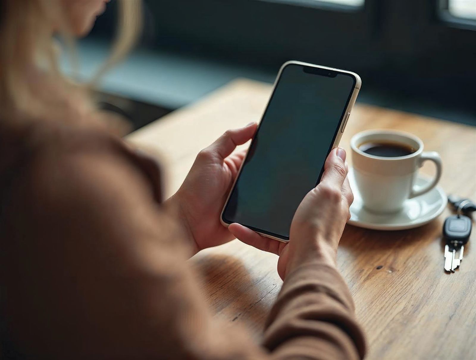 Manos sujetando un móvil junto a una taza de café y unas llaves