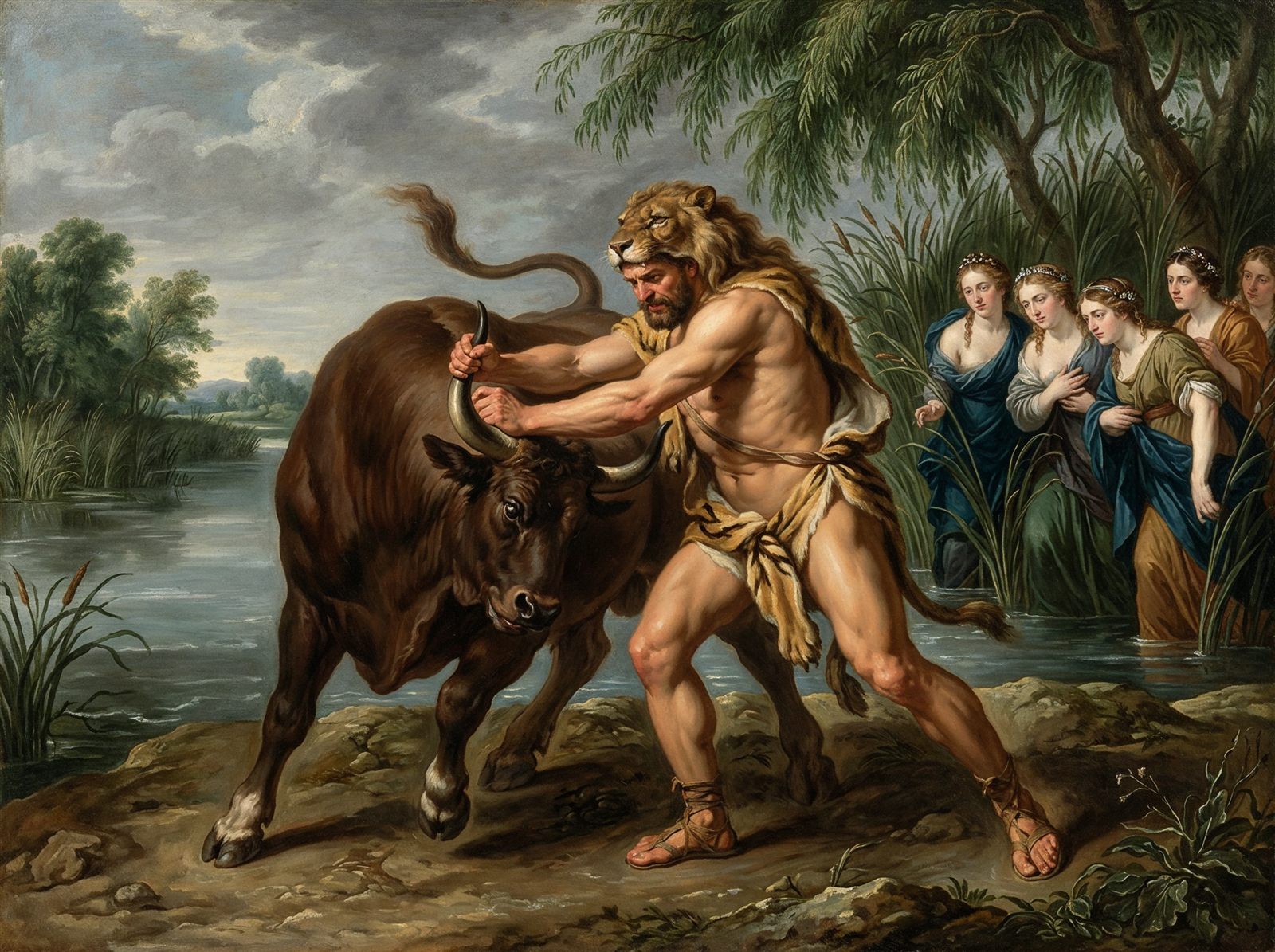 Heracles lucha con Aqueloo transformado en toro a orillas del río ante las náyades