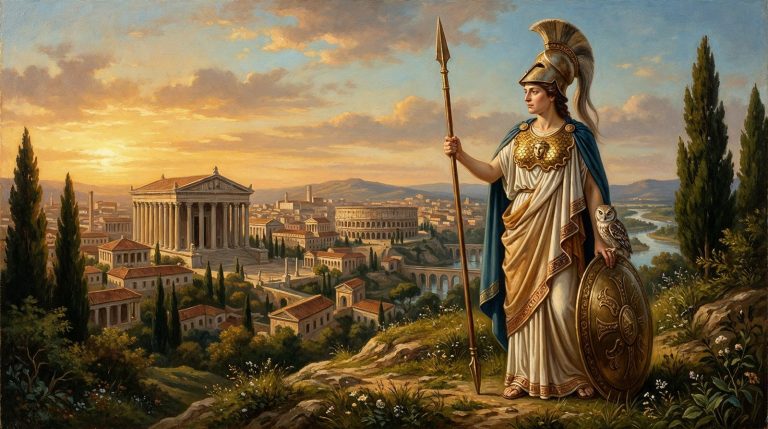 Minerva con casco, lanza, escudo, égida y lechuza sobre una colina de la antigua Roma