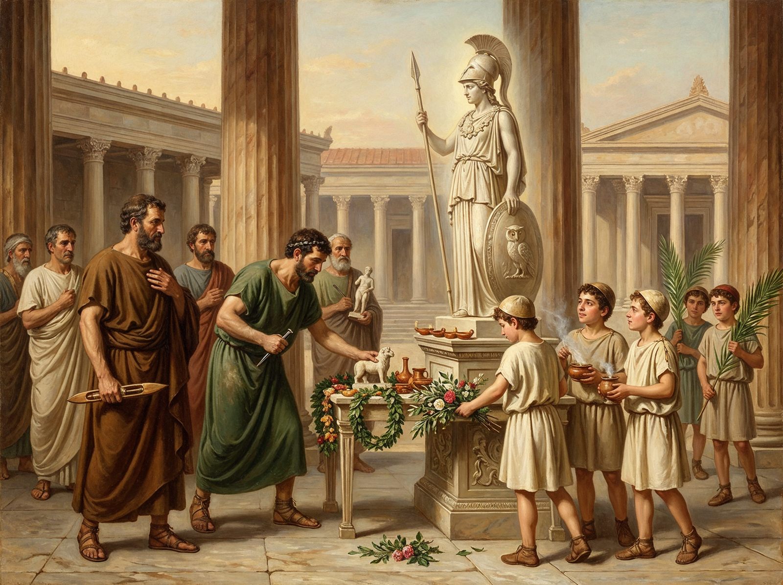 Artesanos y escolares romanos llevan ofrendas a una estatua de Minerva durante las Quinquatria