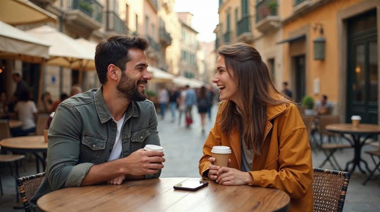 Pareja conversando con un café en una terraza de un casco antiguo en España