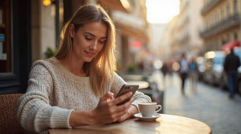 Mujer consultando una app de citas gratis en el móvil en la terraza de una cafetería