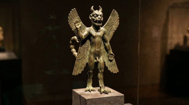 Estatuilla de bronce de Pazuzu con cuatro alas, garras de ave, cola de escorpión y la mano derecha levantada