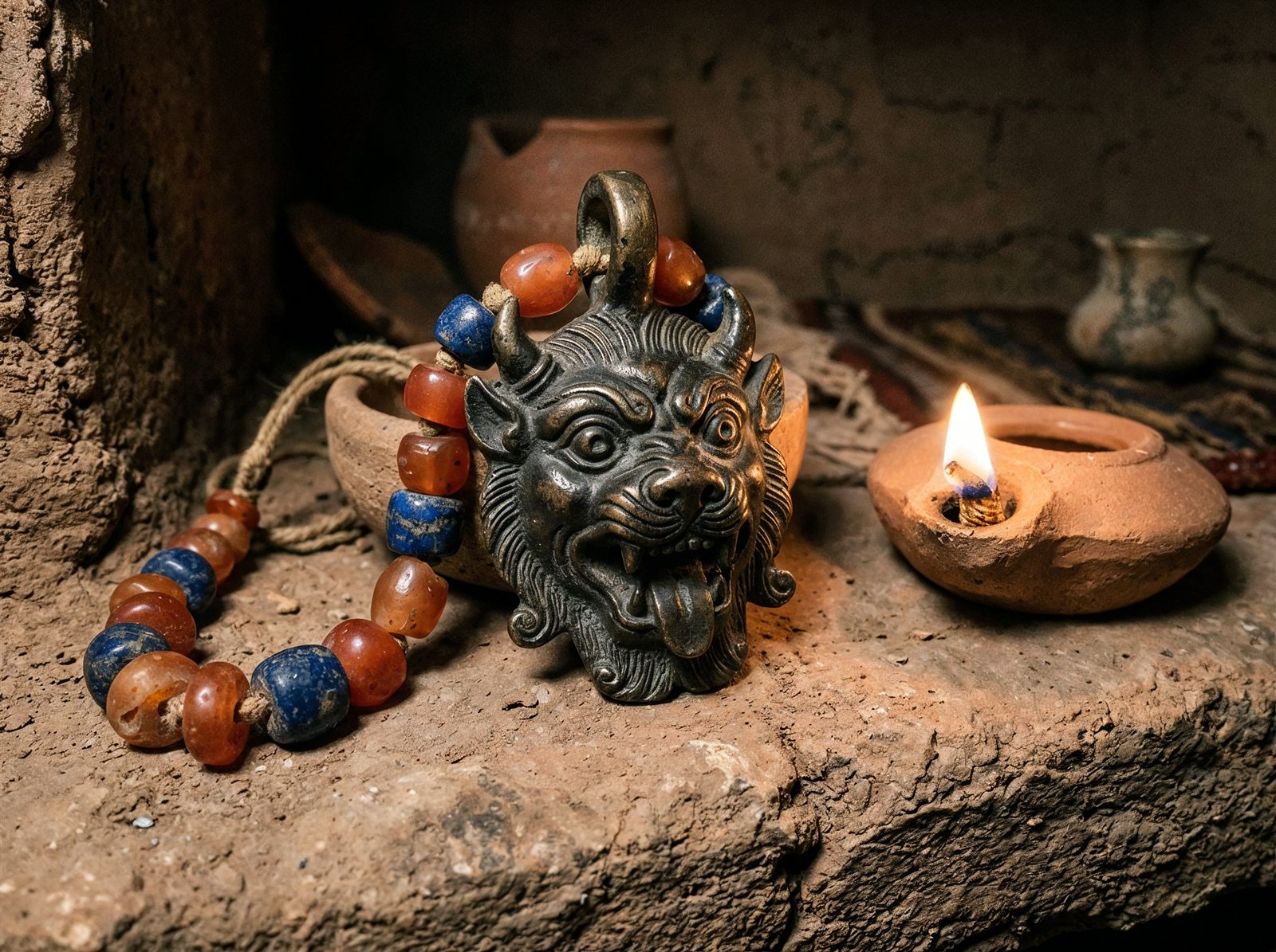 Amuleto de bronce con la cabeza de Pazuzu en un collar de cornalina y lapislázuli junto a una lámpara de aceite