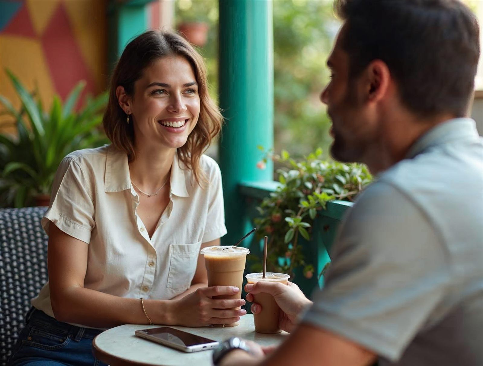 Dos personas conversando en la terraza de un café durante una primera cita