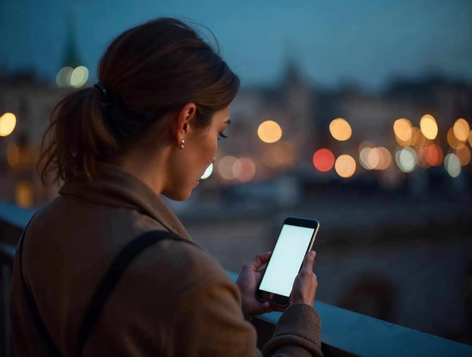 Mujer de espaldas consultando el móvil en una terraza de noche