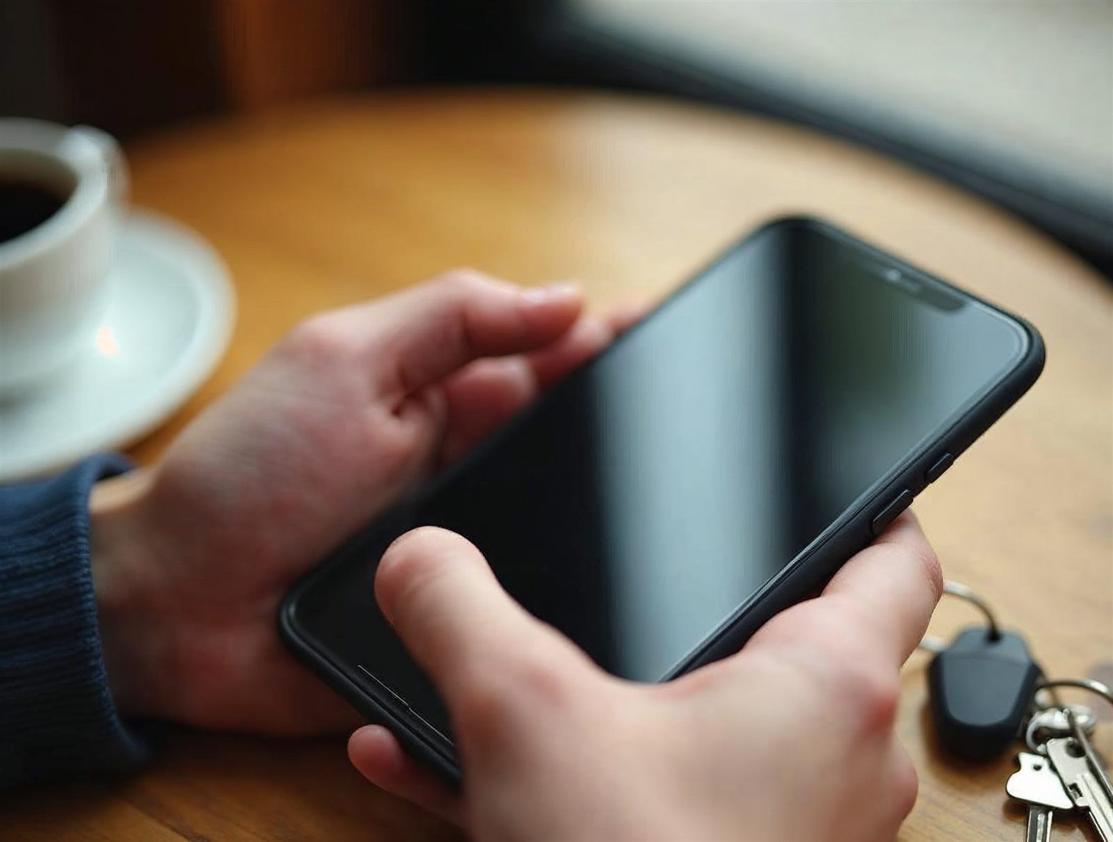 Manos sujetando un móvil con la pantalla apagada junto a un café y unas llaves