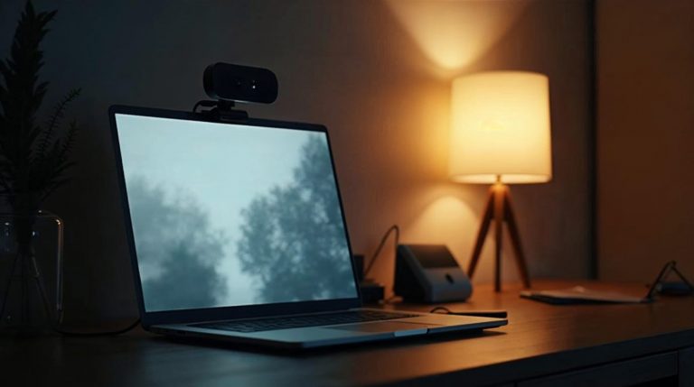 Portátil con webcam externa sobre un escritorio en una habitación en penumbra