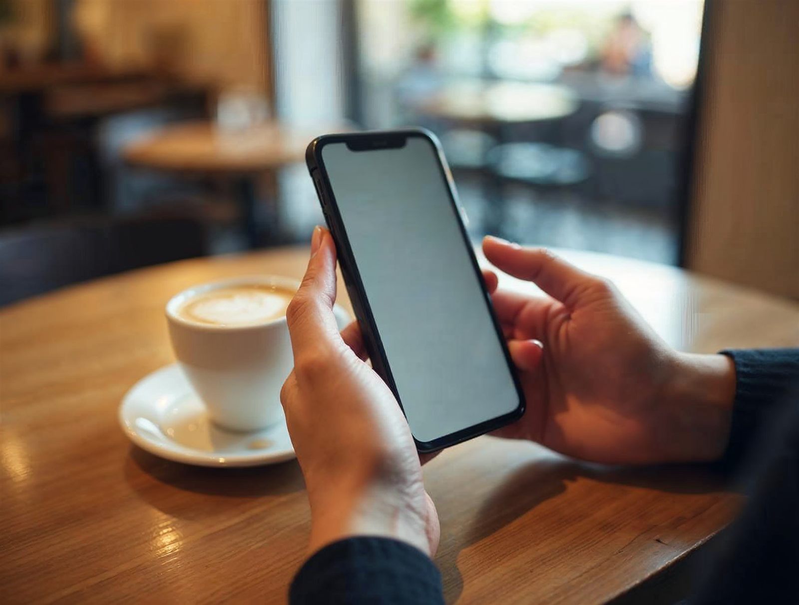 Manos de una mujer con un móvil sobre la mesa de una cafetería antes de una cita