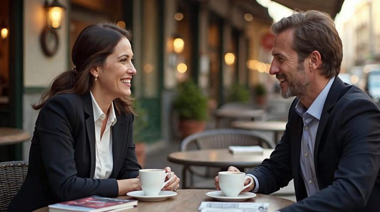 Pareja de unos cuarenta años charlando con un café en la terraza de una cafetería