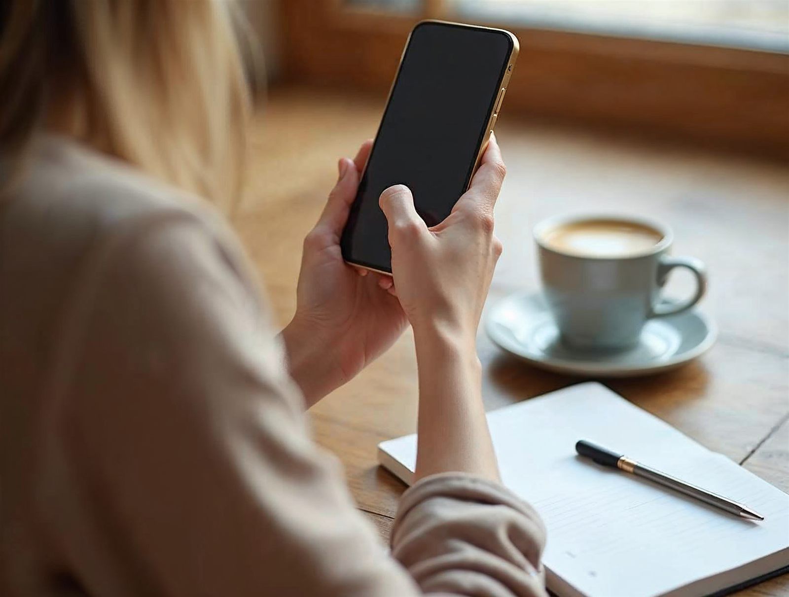 Mujer consultando el móvil junto a un café y una libreta antes de contratar una suscripción
